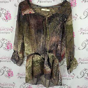 Freebird Multicolor Blouse with Tie Detail spotted loose flowy bubble sleeves